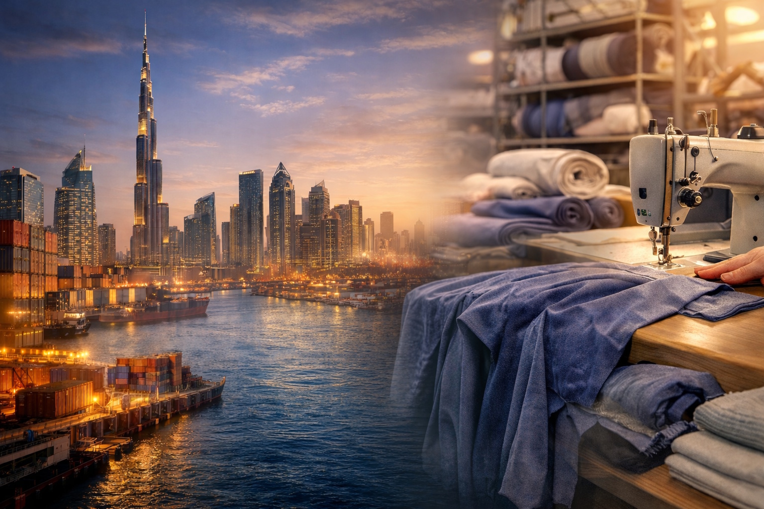 Dubai skyline and garment production